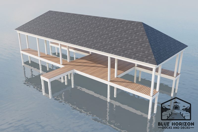 Tightline dock design &mdash; compact hip-roof covered dock with slips on both sides of a center walkway