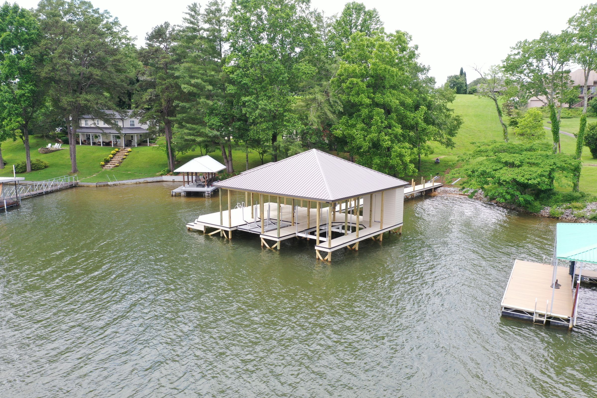 Shoreline stabilization and dock by Blue Horizon Docks and Decks on a Tennessee lake