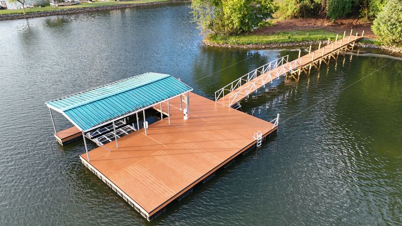 Floating dock with a gangway ramp to shore on a Tennessee reservoir