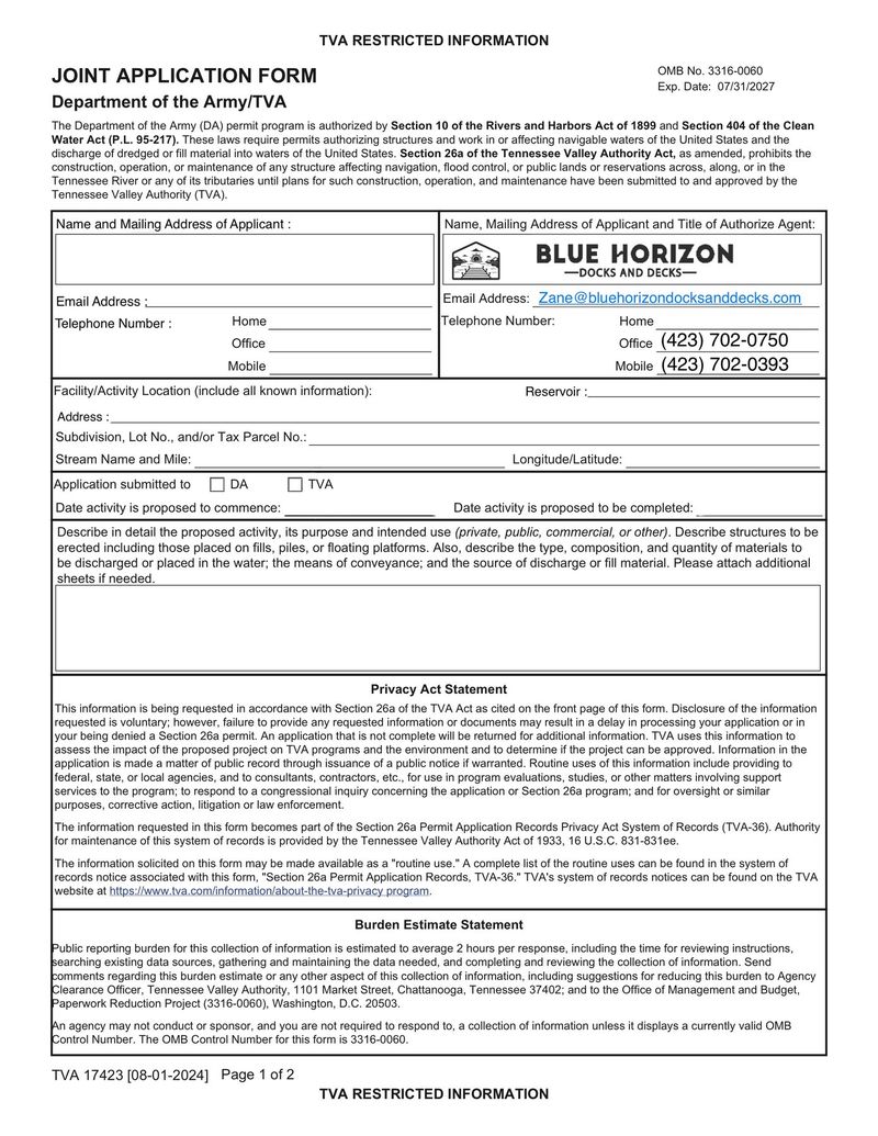 Blue Horizon's TVA Section 26a joint permit application form (Department of the Army / TVA)